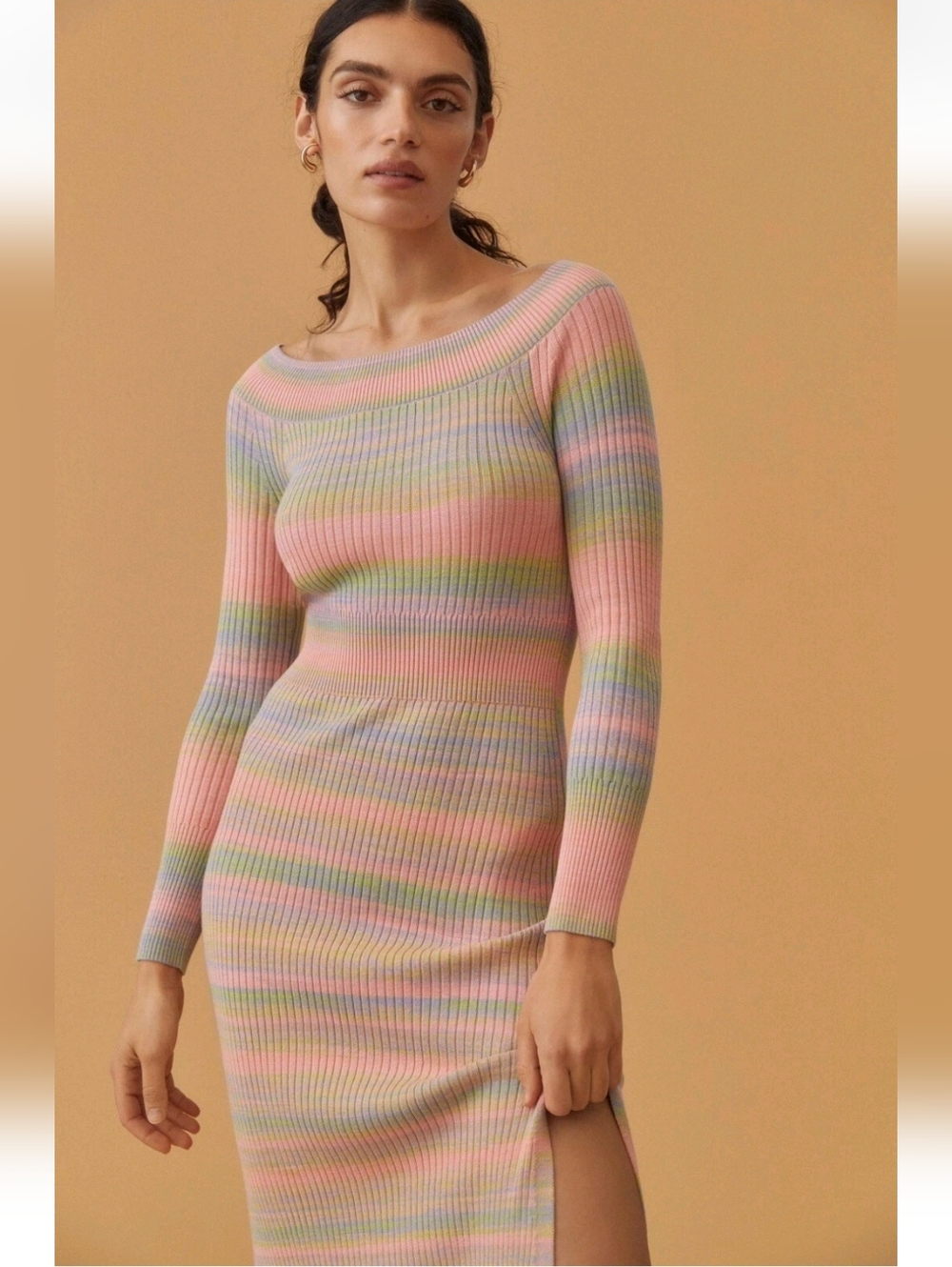 Daily Practice By Anthropologie Striped Ribbed Knit Maxi Dress Dopamine Size L